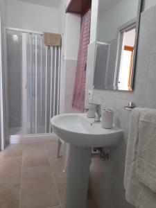 een badkamer met een witte wastafel en een douche bij B&B ANXUR in Terracina