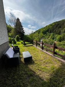 einen Hinterhof mit zwei Stühlen, einem Tisch und einem Zaun in der Unterkunft Haus am See in Biersdorf