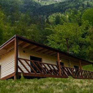 una cabaña en una colina con una gran terraza de madera en Obriyslavsko, en Slavske