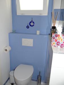 baño con aseo blanco y pared azul en Guest House Dasos Kynthos, en Bruselas