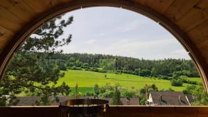 an arched window looking out at a green field at 'Tor zum Schwarzwald' Ferienwohnungen in Wildberg