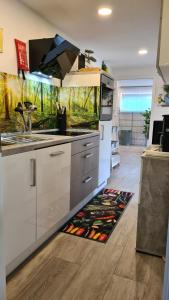 a kitchen with white cabinets and a kitchen rug on the floor at 'Tor zum Schwarzwald' Ferienwohnungen in Wildberg