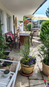 a patio with a large pot of flowers and an umbrella at 'Tor zum Schwarzwald' Ferienwohnungen in Wildberg