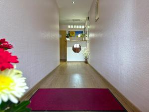 un couloir avec un mur rose et un tapis violet dans l'établissement Hotel DenRiKo, à Heidelberg