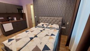 een slaapkamer met een bed met een quilt bij Földváry 3in1 Apartments in Szeged