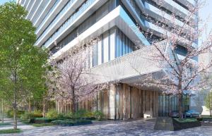 大阪市にあるFour Seasons Hotel Osakaの花木が目の前に咲くオフィスビル