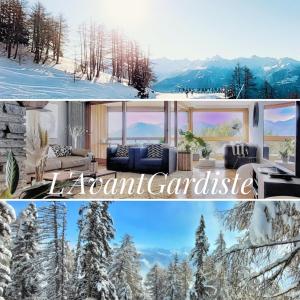 a collage of two pictures of a house with a winter landscape at L'AvantGardiste, Spacious 6 bedroom panoramic view in Crans-Montana