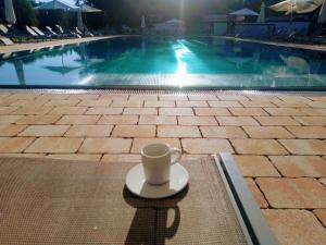 a coffee cup sitting on a table next to a swimming pool at Gut Drasing in Krumpendorf am Wörthersee