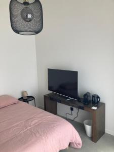 - une chambre avec un bureau, une télévision et un lit dans l'établissement Le Nid Dardilly, à Dardilly