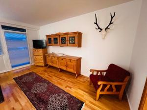 een woonkamer met een stoel en een dressoir bij GAMSBLICK Bad Aussee Ferienwohnung in Bad Aussee