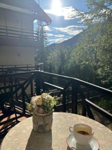 una tazza di caffè seduta su un tavolo sul balcone di Vila Condor a Poiana Brasov