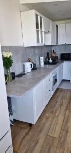 una cucina con armadietti bianchi e pavimenti in legno di Apartament Skwer Kościuszki a Gdynia