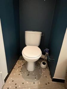 uma casa de banho com um WC branco numa parede azul em Paisible T2 em Villeurbanne