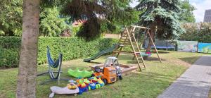 einen Spielplatz mit einem Spielzeugwagen und einer Schaukel in der Unterkunft DOMKI KAJUTA in Żarnowska