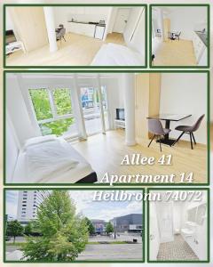 un collage de quatre photos d'une chambre et d'une pièce dans l'établissement Apartments EFDE GmbH, à Heilbronn