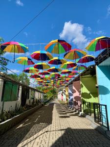 Eine Gruppe bunter Regenschirme hängt über einer Straße in der Unterkunft Sunshine Stay Panglao in Panglao