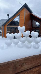 un groupe de cœurs blancs assis sur un tas de neige dans l'établissement Kokhta Villa In Bakuriani, à Bakuriani