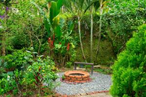 un jardín con una hoguera y un banco en Cabaña Ave Del Paraiso, en Cartago