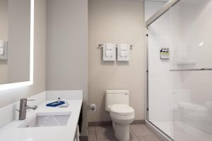 een witte badkamer met een toilet en een douche bij Holiday Inn Express & Suites Austin Airport East, an IHG Hotel in Austin