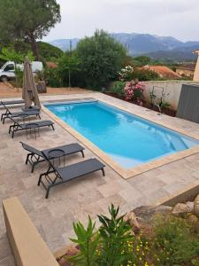 a swimming pool with two lounge chairs and an umbrella at Edith et Jean-Paul in Porto-Vecchio