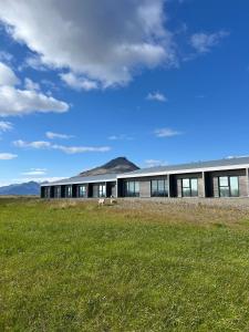 un bâtiment avec une pelouse devant lui dans l'établissement Seljavellir Guesthouse, à Höfn