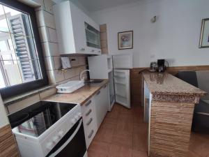 una cucina con elettrodomestici bianchi e piano di lavoro di M&R apartmani Rovinj a Rovigno (Rovinj)