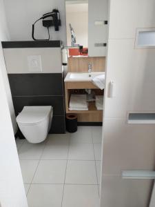 a bathroom with a toilet and a sink at Hôtel de L'ile in Custines