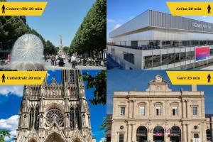 un collage d’images de bâtiments et d’un bâtiment dans l'établissement Été magnifique T2 tout équipé proche centre-ville, à Reims