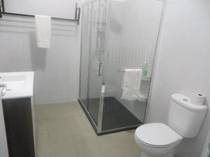 La salle de bains blanche est pourvue d'une douche et de toilettes. dans l'établissement Villa Margarida, à Viana do Castelo