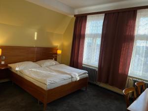 um quarto com uma cama e duas janelas em Hotel Praha Liberec em Liberec