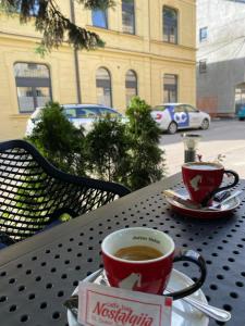 twee kopjes koffie zittend op een tafel bij Travnik Nostalgia Apartment in Travnik