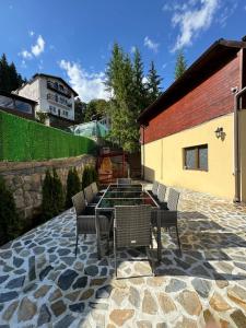 - un patio avec une table et des chaises sur un sol en pierre dans l'établissement Ollie's Mountain Chalet, à Buşteni