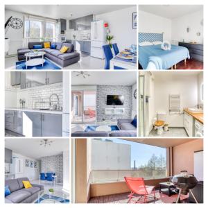 a collage of photos of a kitchen and living room at "Le Sérénity ", Appartement spacieux ,balcon, parking privé gratuit, proche CDG et Stade de France in Stains