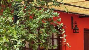 un edificio rosso con un albero di fronte di Pirpintos, Cabanas de San Lorenzo a San Lorenzo