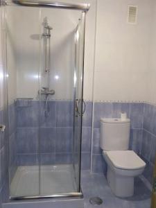 e bagno con servizi igienici e doccia in vetro. di Apartamento Lua a O Milladoiro