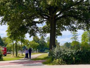 two people walking down a sidewalk under a tree at Weserstern in Bremen