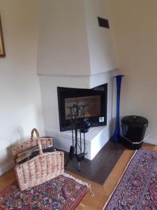 a living room with a fireplace and a tv at Haus Vitsippan in Mariannelund