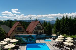 una vista aérea de un complejo con piscina y sombrillas en Summit, en Yablunytsya