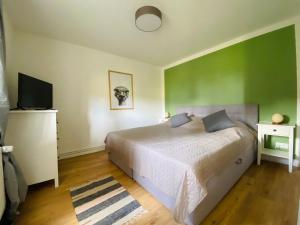 a bedroom with a bed and a green wall at Ferienhaus Straußenblick in Bad Fallingbostel