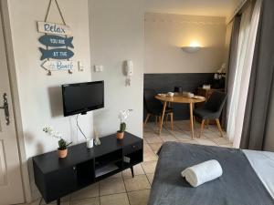 Appartement Le Beach du Lac d'Annecy avec les pieds dans l eau, plage et ponton privé في دْوا: غرفة بسرير وتلفزيون وطاولة