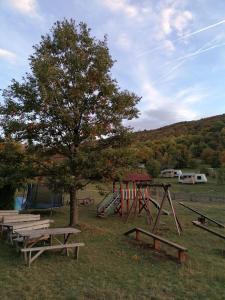 a park with benches and a tree and a playground at Tomiceva Koliba Rtanj 4 in Rtanj