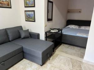 un soggiorno con divano e letto di Villa Roel 2 apartments nr 88 a Vlorë