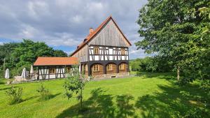 une grande maison sur un champ verdoyant avec un arbre dans l'établissement Izerski dom, à Leśna