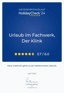 Un certificado, premio, cartel u otro documento en Urlaub im Fachwerk - Klink