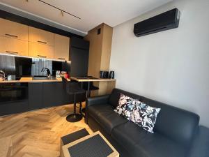 ein Wohnzimmer mit einem Sofa und einer Küche in der Unterkunft Business Apartment Płock in Płock