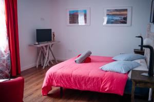 a bedroom with a red bed with blue pillows at hotel rural GA7COLORES only adult in Montaña Blanca