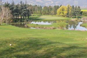 Blick auf einen Golfplatz mit einem Teich in der Unterkunft Best Western Golf d'Albon in Albon