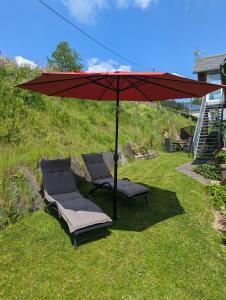 zwei Stühle und ein Regenschirm im Gras in der Unterkunft Ferienwohnung Soreth in Schmallenberg