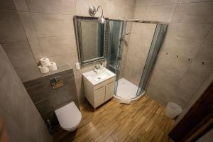 e bagno con doccia, servizi igienici e lavandino. di Apartamenty Wypoczynkowa 24 - 700m od Park Wodny Suntago Wręcza a Krzyżówka