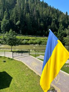 una bandera amarilla y azul al costado de una carretera en River House, en Yaremche